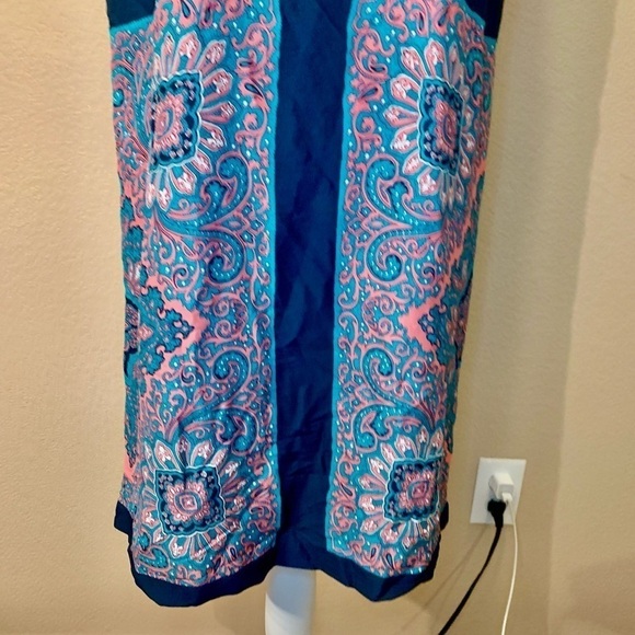 LOFT Sheath Dress Small Teal Pink Navy Sleeveless Lightweight Patterned Back Zip - Picture 4 of 14